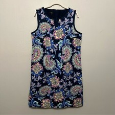 Talbots Paisley Shift Dress Womens 14P Navy Blue Colorful Sleeveless Split Neck