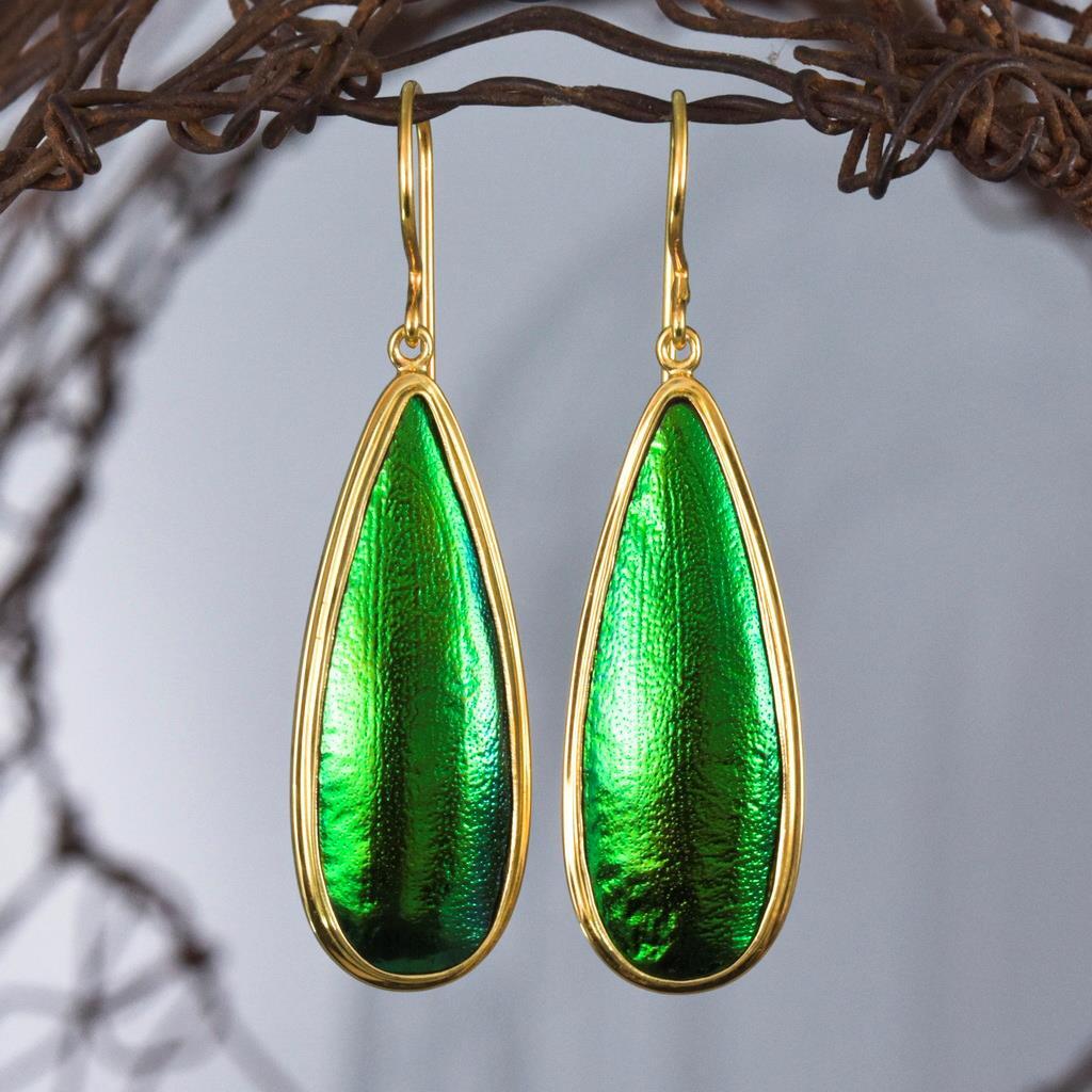 Green Jewel Beetle Wing Gold Vermeil Sterling Silver Earrings 5.82g Handmade-image