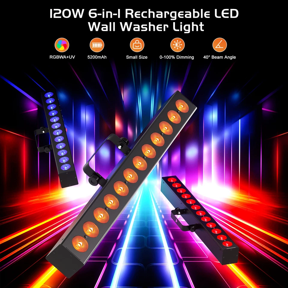 12LED RGBWA+UV Wall washer Light DMX DJ Disco Show Rechargeable Stage Light Bar - Image 2 of 4
