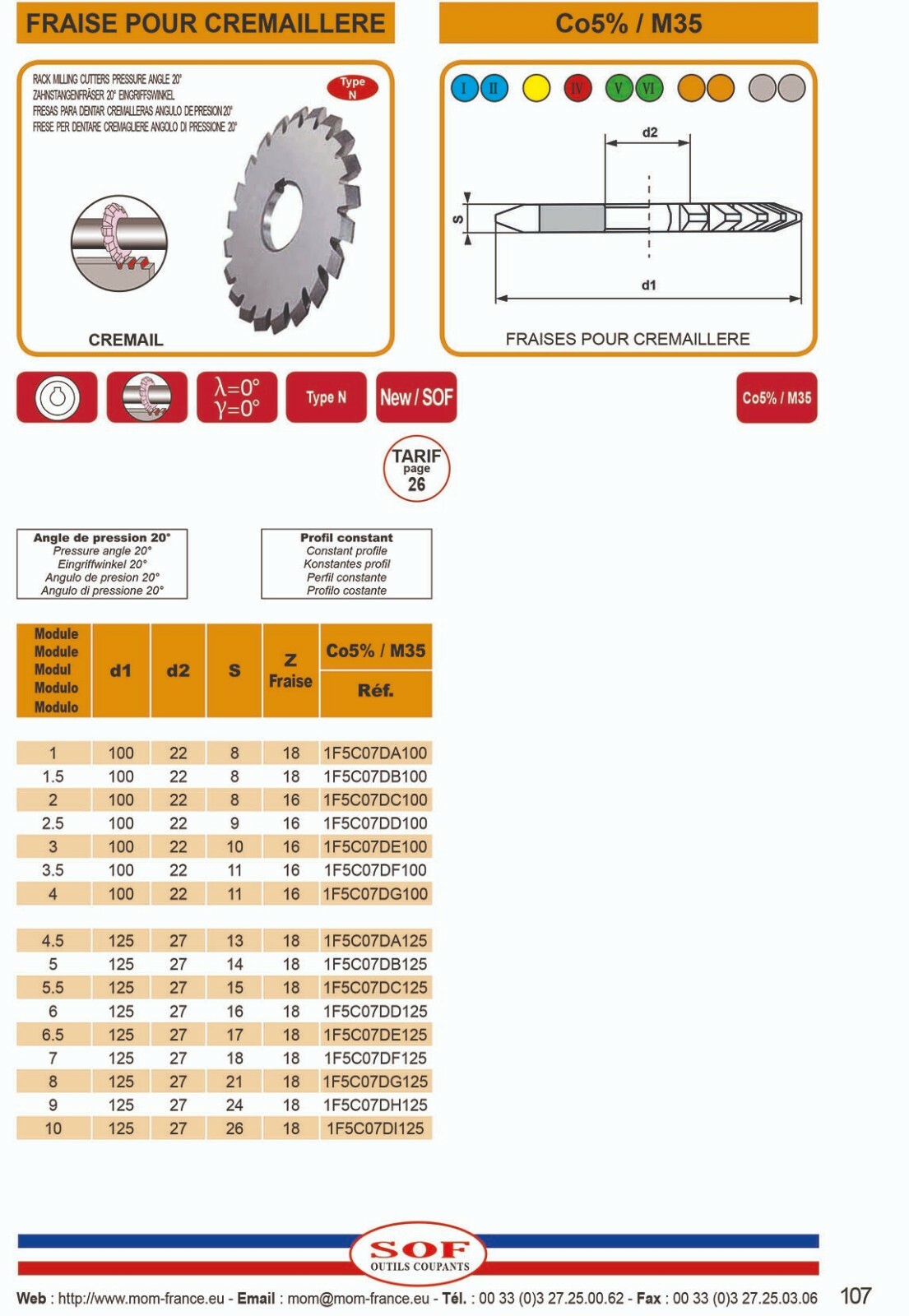 Fraise pour crémaillères 100x22 HSS-M35 Module 1 outil de coupe pour usinage mécanique Z18