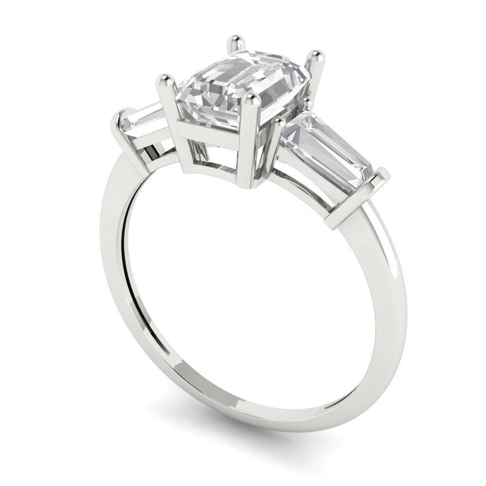1.5 cttw Emerald-Cut White Sapphire 3 Stone Engagement Ring (14K White Gold) - Image 2 of 4