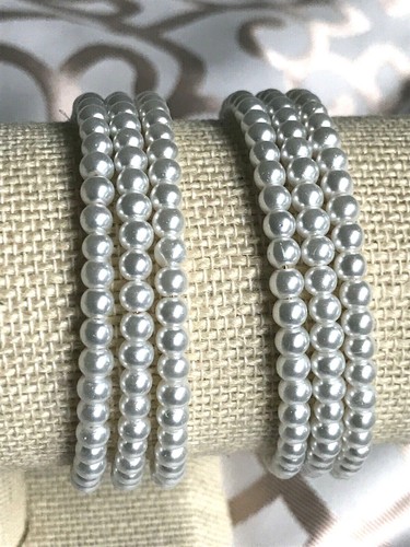 Small Wrist 6 to 6.5" White Faux Pearl Memory Wire Bracelets - Picture 7 of 11