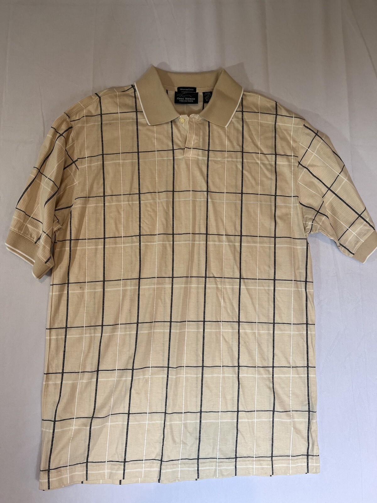 Greg Norman Collection Mercerized Cotton Mens Tan Plaid Cream Polo Shirt M Golf