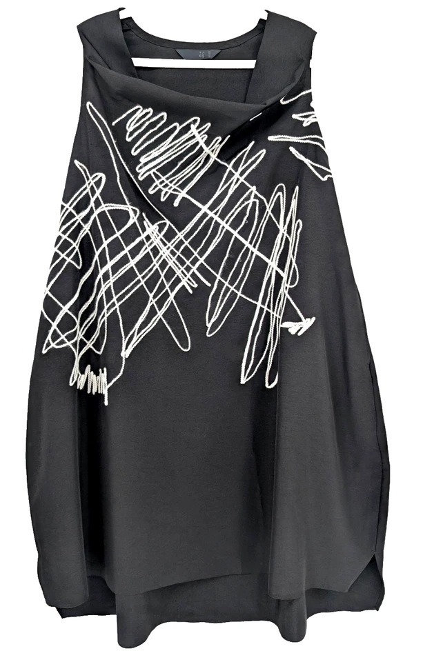 Vestido túnica Moyuru preto Avant Garde Lagenlook design de fio abstrato gola alta M - Imagem 2 de 4