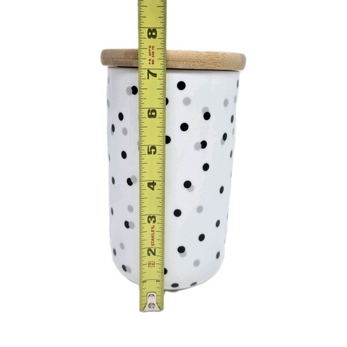 Polka Dot Ceramic Canister with Wooden Lid Daffodil Homestead Love is Patient - Picture 12 of 13