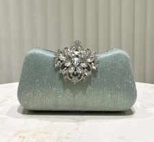 Mint Green Metallic Clutch Bag with Rhinestone Closure and Chain Strap
