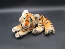 Steiff Tiger Mohair Plush 8" Stuffed Toy Laying Big Cat Green Eyes Vintage