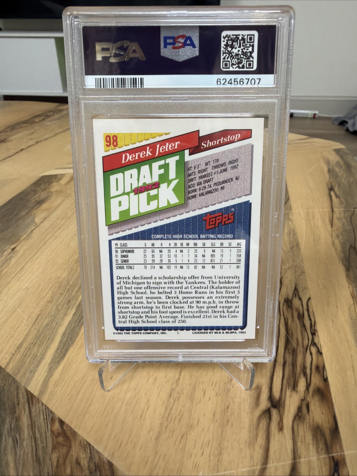 1993 Topps Derek Jeter RC New York Yankees Rookie #98 PSA 7 Near Mint view 2
