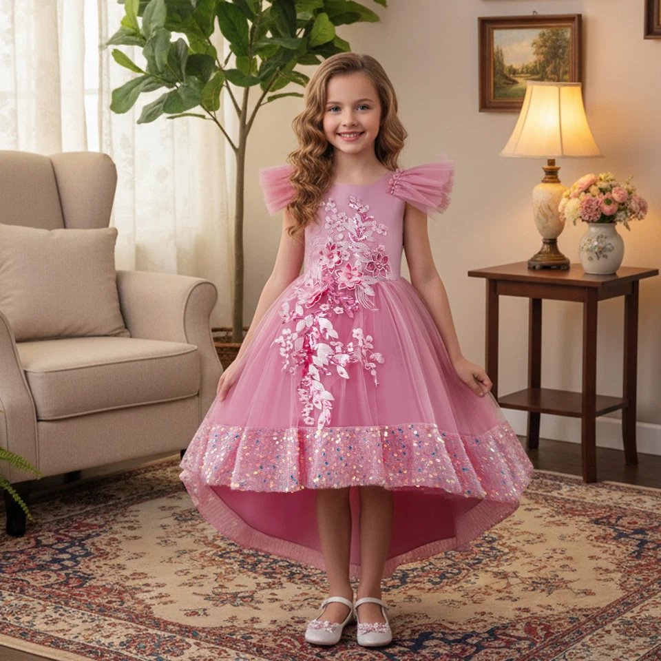 Princess Pageant Kids Girls Tulle Dress Tutu Sequin Wedding Bridesmaid Prom Gown - Image 2 of 4