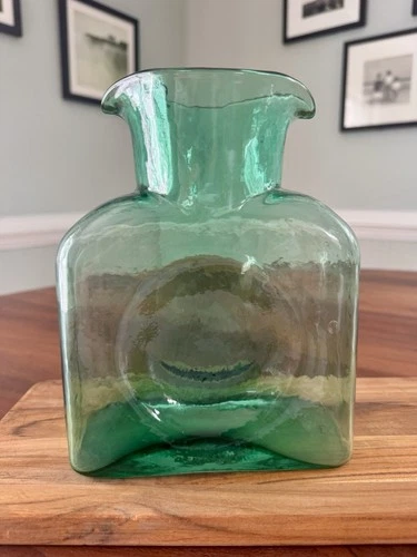 2002 Emerald Green Glass Blenko Double Spout Carafe Bottle Pitcher Jug Signed