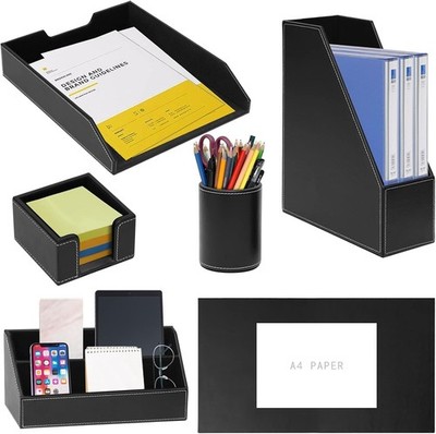 6 Piece Office Supplies/Desk Organizer Set with Desktop Leather Writing Pad,File