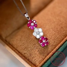 2Ct Round Lab Created Pink Ruby Flower Pendant 14K White Gold Plated 18" Chain