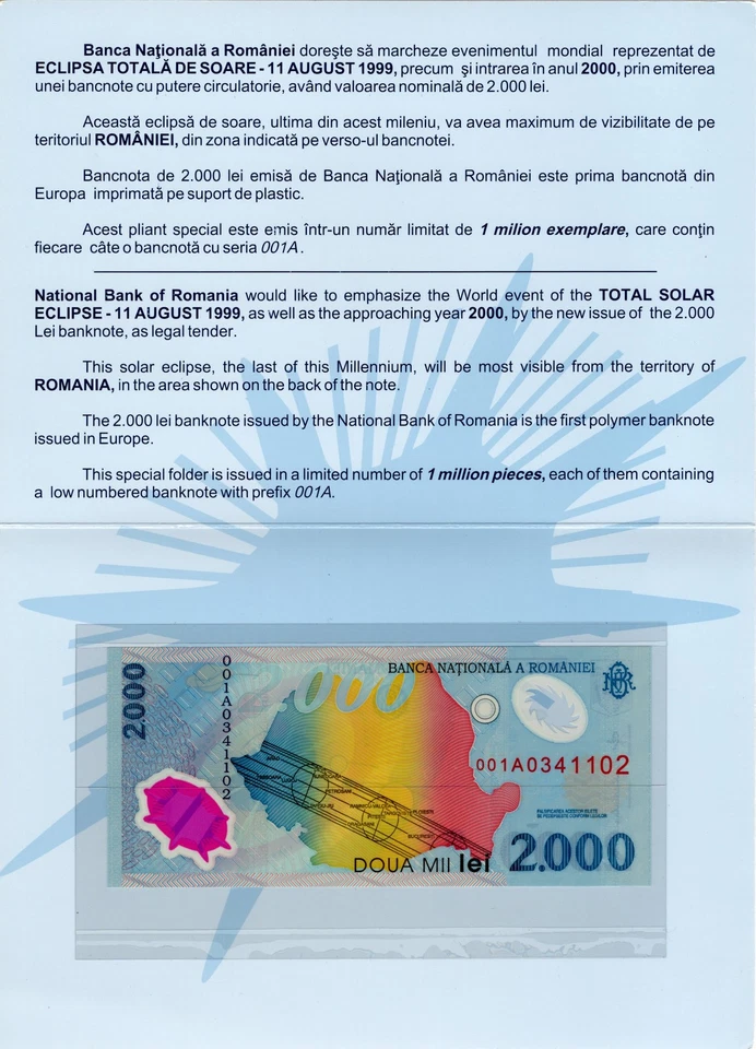 ROMANIA TEST NOTE 2000 Lei 1999 P 111b COMM. Polymer Prefix 001A W/Folder UNC - Image 4 of 4