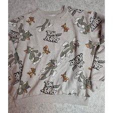 Tom and Jerry All Over Print Sweatshirt Gray Fleece Pullover Large 11-13