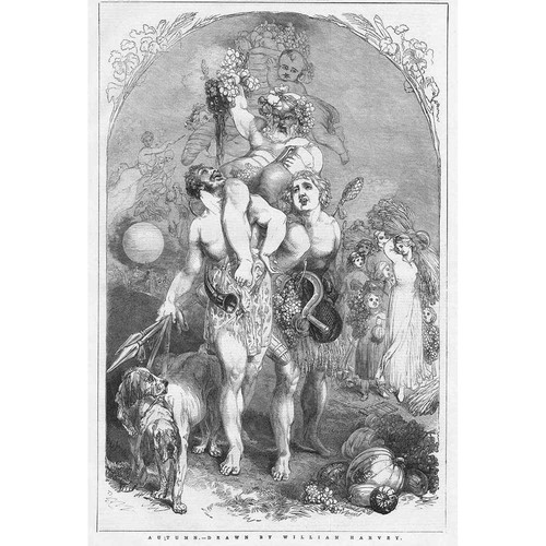 WILLIAM HARVEY Autumn Allegorical Scene - Antique Print 1847