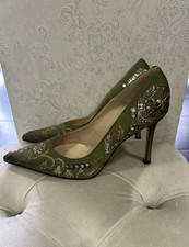 VERSACE Green Satin Embroidered Sequin Pointed Toe Pumps Heels EU 39.5 US 9.5