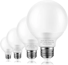 4 Pack Daylight Bathroom Light Bulbs, 60 Watt Equivalent, E26 Medium Base, G25 L