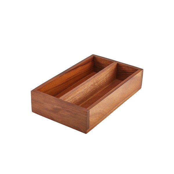 GenWare Cutlery Holder Brown Acacia Wood 2 Compartment Cutlery Serving Tray
