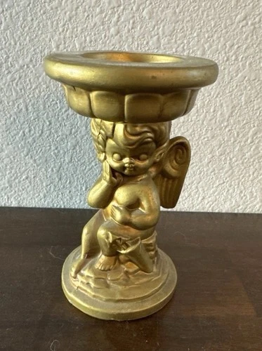 Angel Candle Holder - Japan Gold Christmas Cherub 6” Vintage