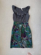 Maeve Anthropologie Ruffle Neck Paisley Dress Size 0 Gray & Teal Mini