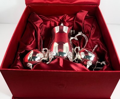 Ekaani Silver Tone Tea Set in Gift Box Serving Platter, Tea Pot, Creamer, Sugar