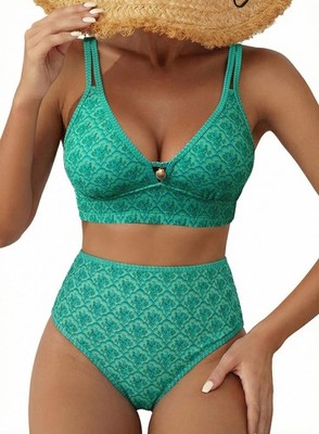 Women's Bikini Sets V Neck Cutout Two Piece Swimsuit Push Up High Waisted Tum...