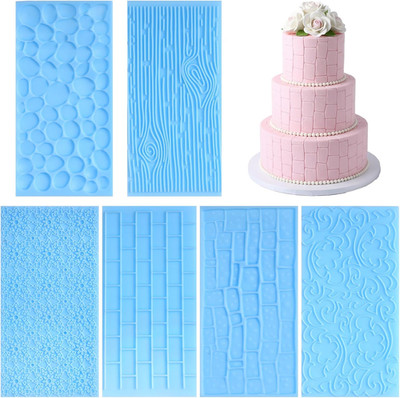 6 Pack Fondant Molds Texture Mats Wood Grain Brick Castle Wall Cobblestone Textu