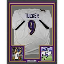 Framed Autographed/Signed Justin Tucker 33x42 Baltimore White Jersey JSA COA