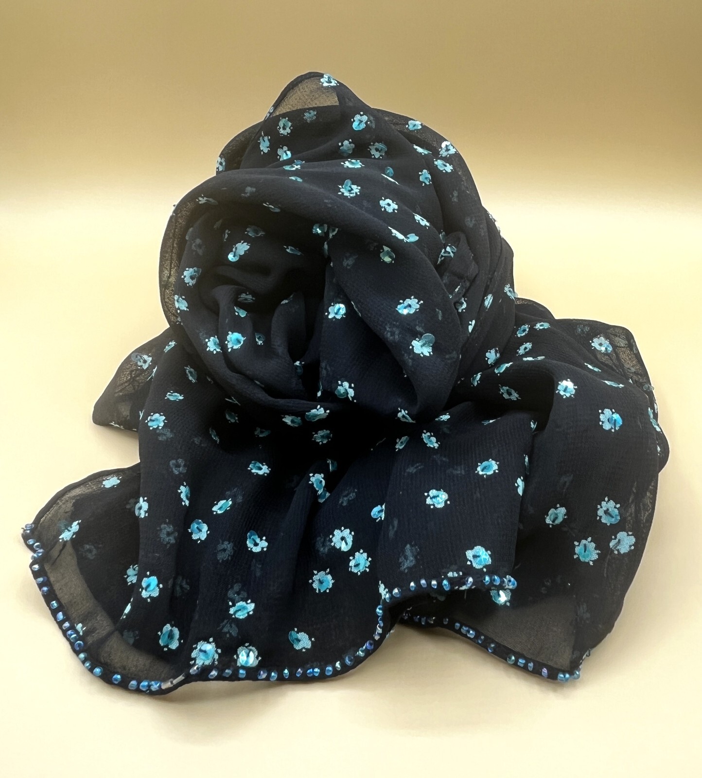 Vintage Long Rectangular Black Sheer Sequined Sca… - image 1