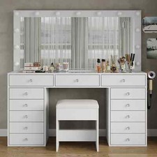13-Drawer Vanity Desk with Mirror, 13 LED Bulbs, Glass Top  Power Outlet