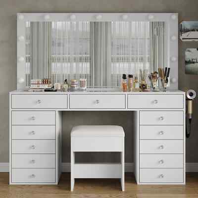13-Drawer Vanity Desk with Mirror, 13 LED Bulbs, Glass Top & Power Outlet