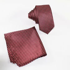 Men's Skinny Slim 2.25" Necktie  Pocket Square Hanky Checkers Wine Burgundy