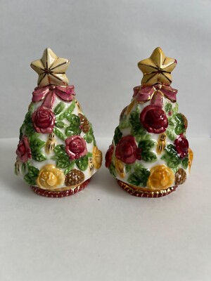 Hand-Painted Ceramic Christmas Tree Salt & Pepper Shakers With Floral Design & G