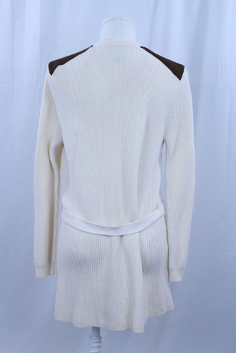 Polo Ralph Lauren Cardigan Sweater Open Front Tie Ivory Brown Suede Shoulder L - Picture 5 of 10