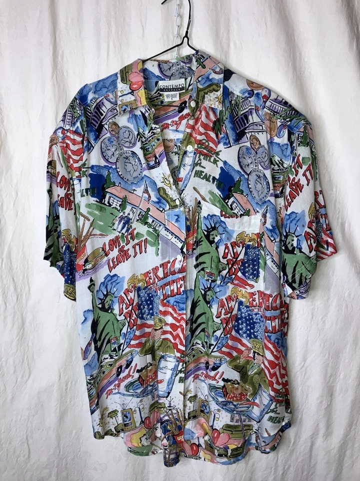 AMAZING VINTAGE MENS S 1980s CONTEMPO CASUALS AMERICANA PATRIOTIC FLAG USA SHIRT - Image 3 of 4