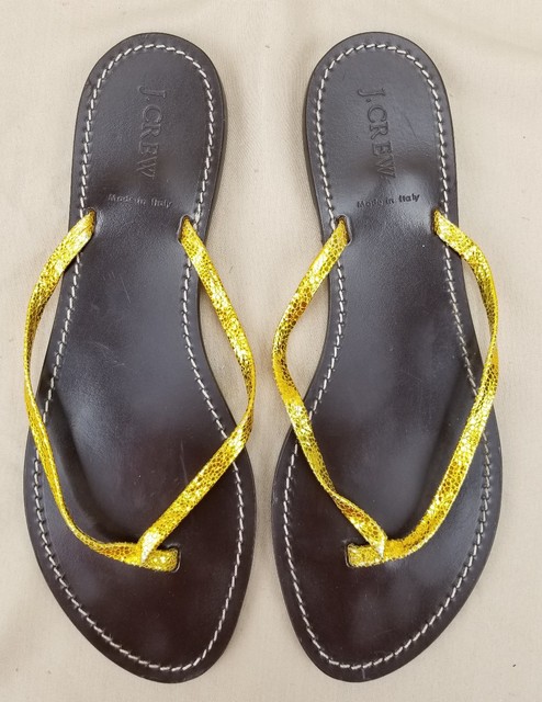 J Crew Sandals Womens Flip Flops Thong Genuine Leather Yellow Gold Italy Sz 10 | eBay
