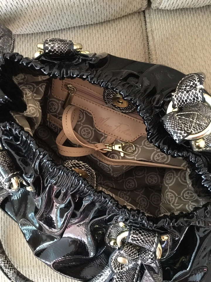 Women's MARC FISHER Black & Gold Patent Handbag Cinch Purse  Unique - Image 4 of 4