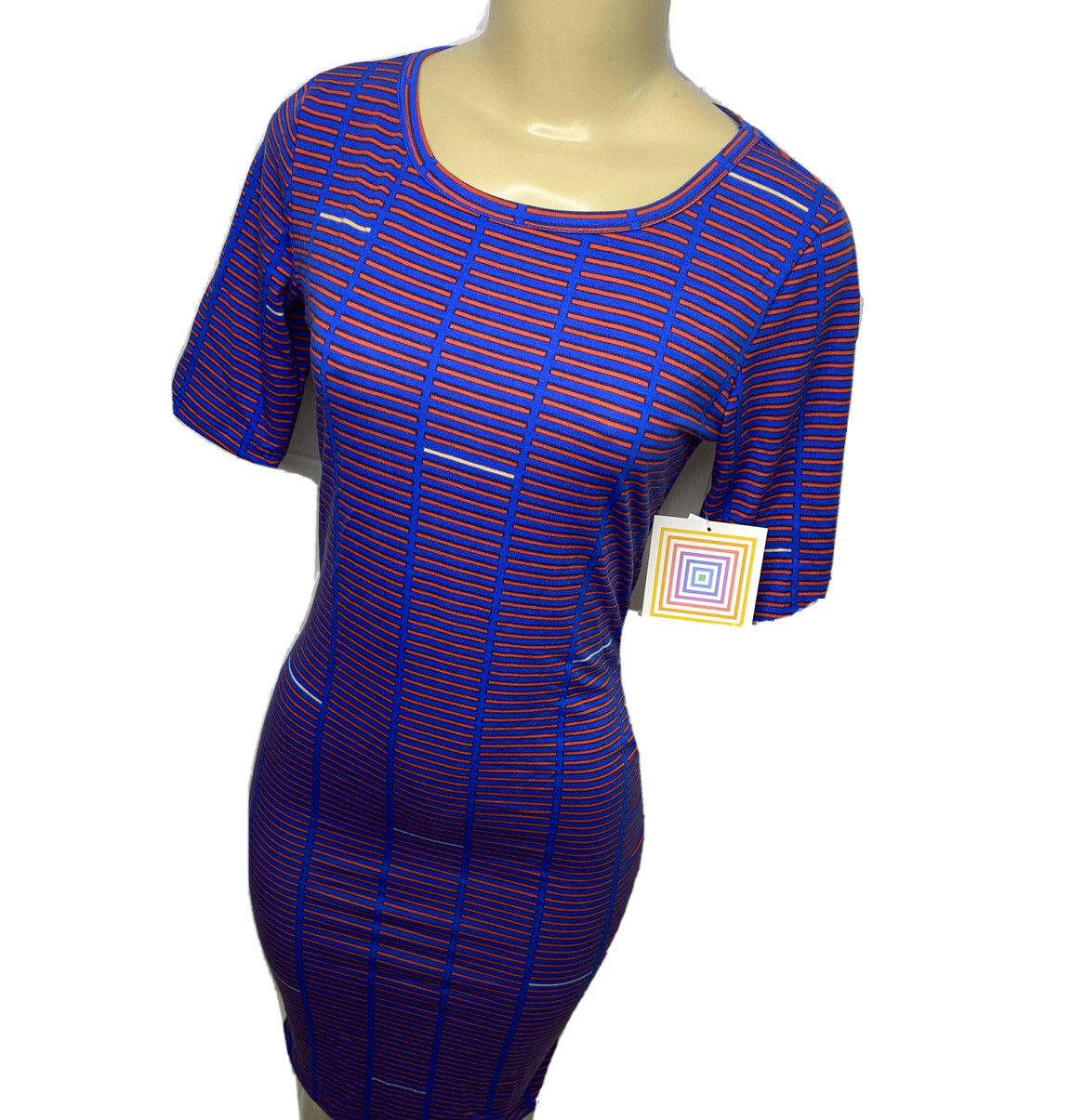 Lularoe Julia Dress Women XS Striped Blue Short Sleeve Boat Neck Midi NWT
