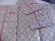 3 ANCIENS TORCHONS COTON X LIN BEIGE LITEAUX ROUGE MONO PO MAIN