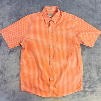 L.L.Bean Wrinkle Resistant Mens M Regular Orange White Check Button Down Shirt