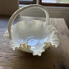 Vintage 11" x 10" Fenton Hobnail Milk Glass Basket With Crimped Handle