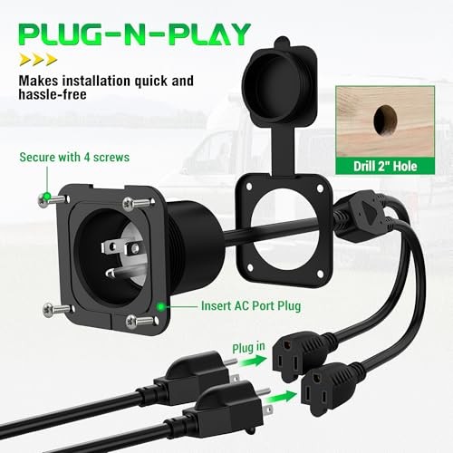 15 Amp AC Port Plug, 125V Shore 15A Flanged Inlet with Dual Extension Cord