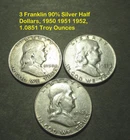 3 Franklin .900 Silver Half Dollars Coin Lot 1950 1951 1952,  1.085 Troy Ounces