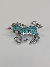 Unicorn Lapel Pin Crushed Blue Tourquise Silver Color Metal