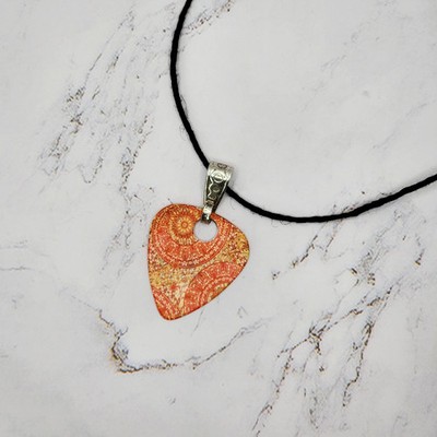 Necklace Mandala Pattern Guitar Pick Wearable Art Jewelry Orange