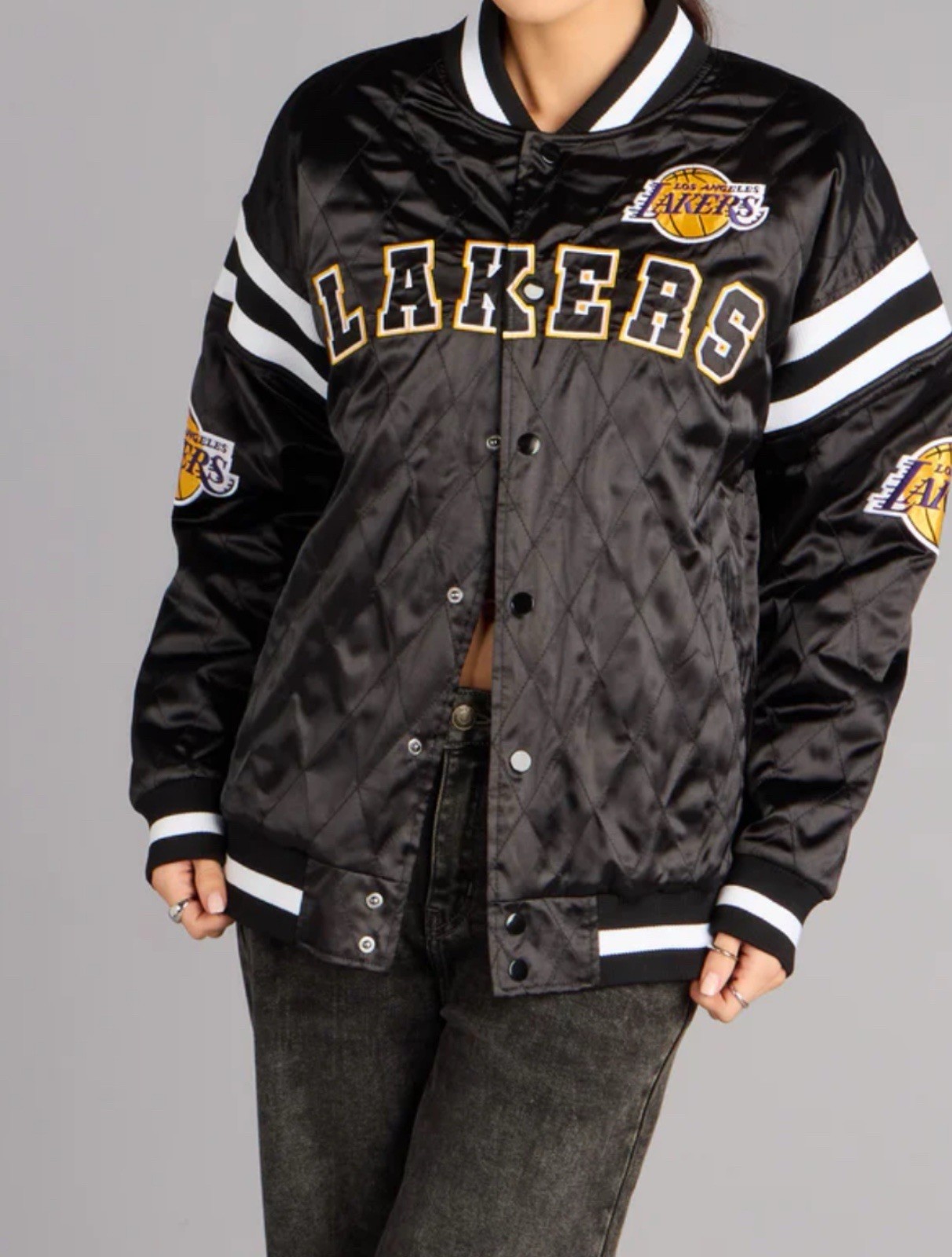 Ultra Game NBA Los Angeles Lakers Quilted Satin Bomber Jacket Black Mens Medium