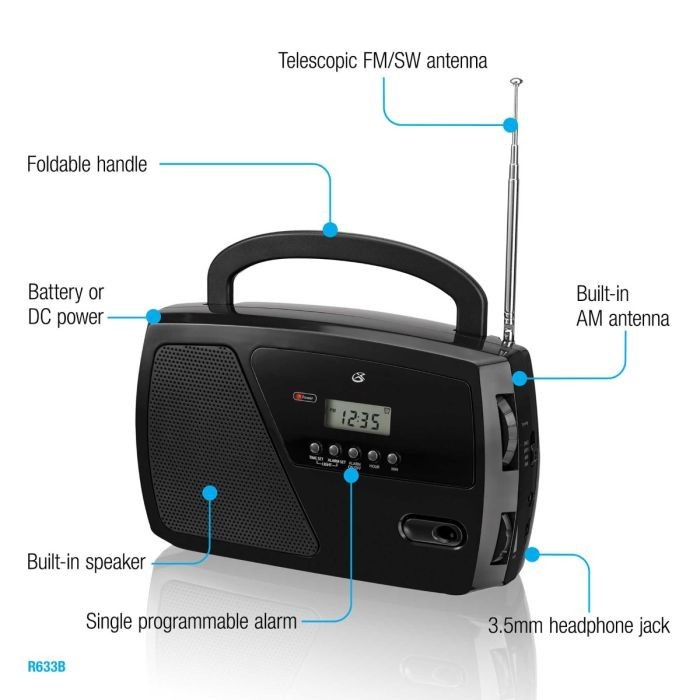 GPX, Inc. R633B Portable Shortwave AM/FM Clock Radio (Black)