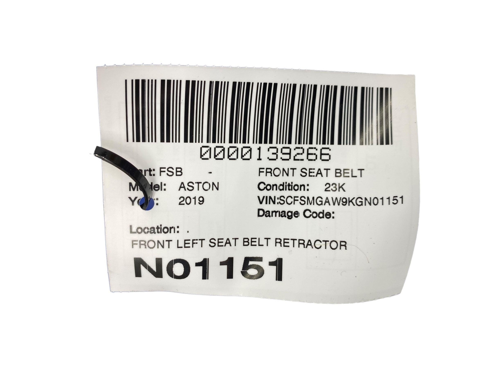 19 - 23 ASTON MARTIN VANTAGE OEM FRONT LEFT SEAT BELT RETRACTOR W/ PRETENSIONER
