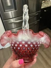 Fenton Hobnail Art Glass Basket Dark Pink/ Red White w/ Twisted Handle