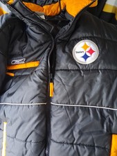 Vtg Reebok Pittsburgh Steelers NFL Puffer Jacket Black Yellow Logo Medium